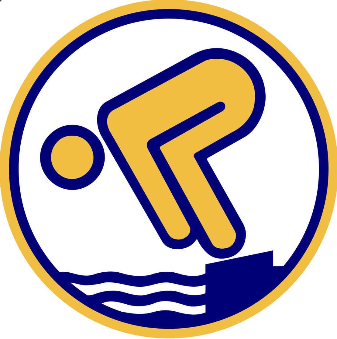 Symbol eines springenden Schwimmers, der in einer runden blau-gelben Grafik ins Wasser eintaucht.