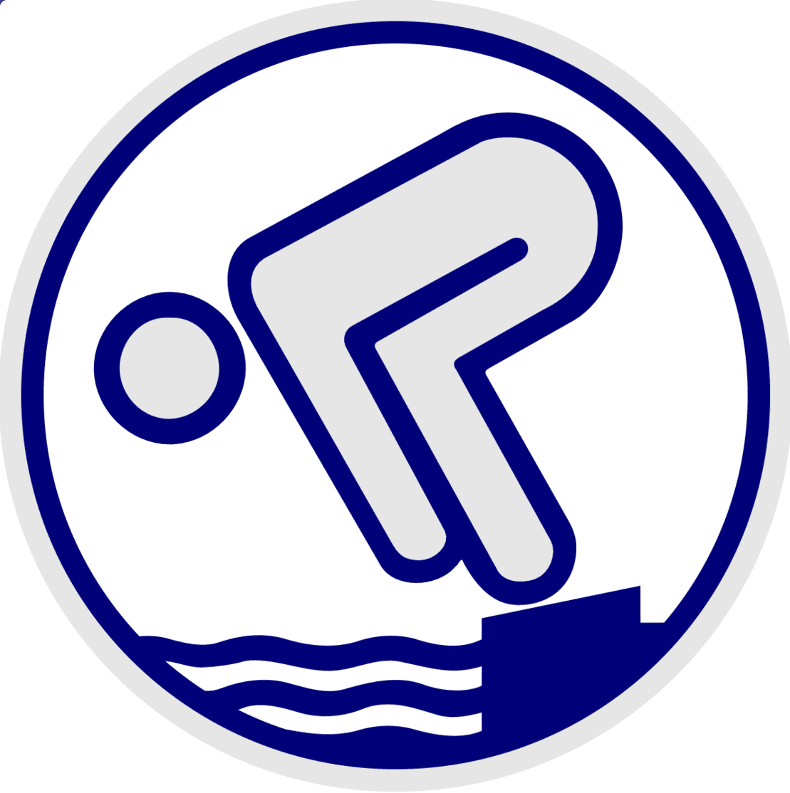 Symbol eines Schwimmers, der kopfüber ins Wasser springt, eingerahmt von einem runden blauen Rand.
