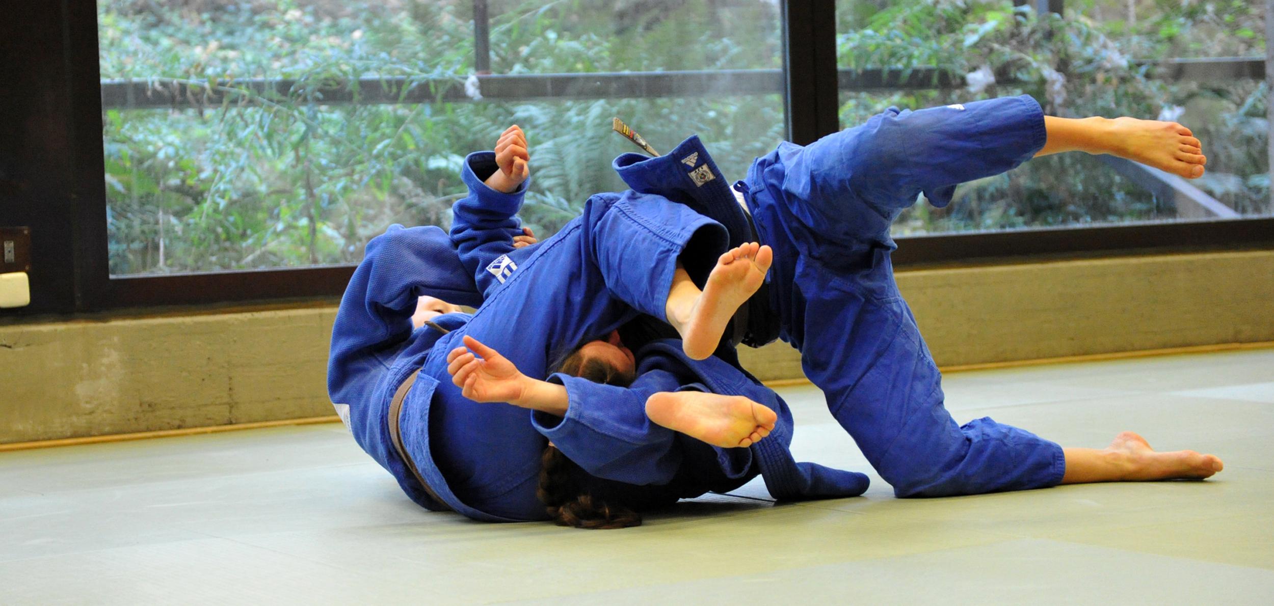 Zwei Judoka in blauer Judokleidung üben einen Bodenkampf auf einer tatami in einem lichtdurchfluteten Raum.